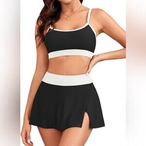 Zaful NWT Black & White Colorblock Bikini Set with Swim Skirt Bottom Size 4